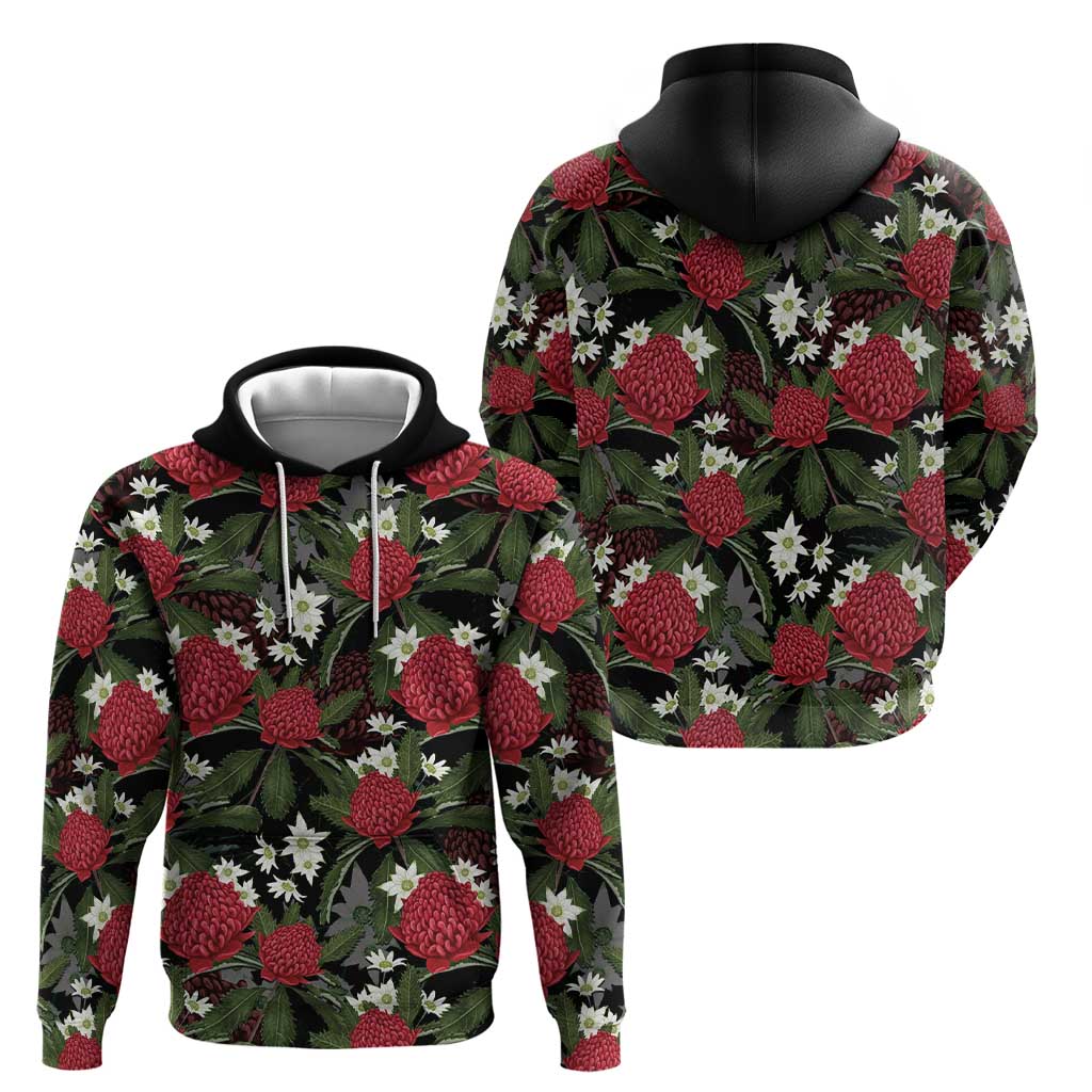 Australia Waratah Flannel Flower Hoodie Aussie Native Flowers Seamless Stylized - Aussie Hoodie