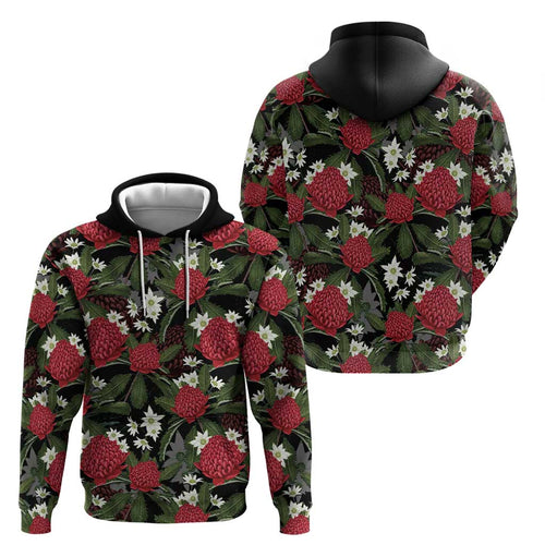 Australia Waratah Flannel Flower Hoodie Aussie Native Flowers Seamless Stylized - Aussie Hoodie