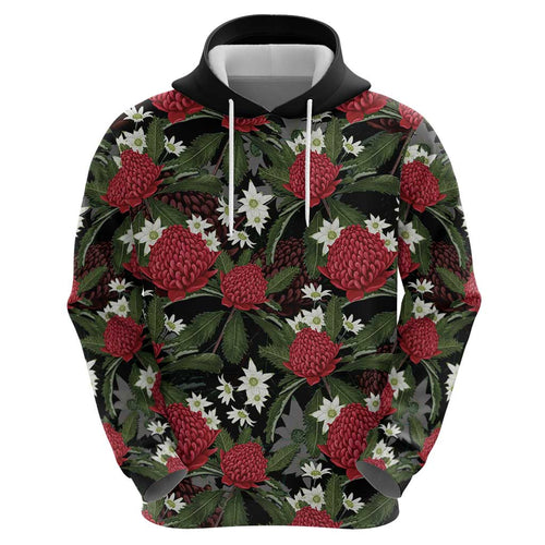 Australia Waratah Flannel Flower Hoodie Aussie Native Flowers Seamless Stylized - Aussie Hoodie