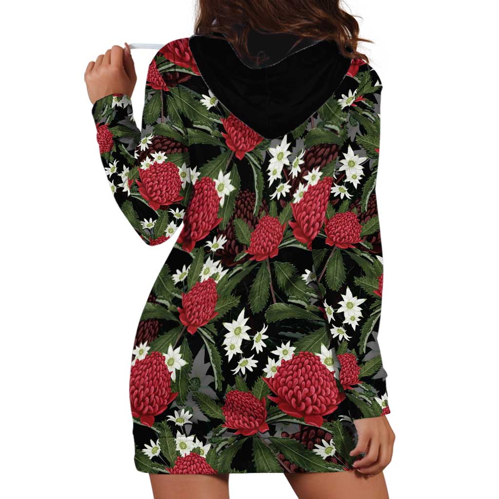 Australia Waratah Flannel Flower Hoodie Dress Aussie Native Flowers Seamless Stylized - Aussie Hoodie