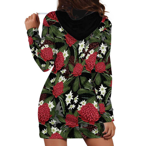 Australia Waratah Flannel Flower Hoodie Dress Aussie Native Flowers Seamless Stylized - Aussie Hoodie