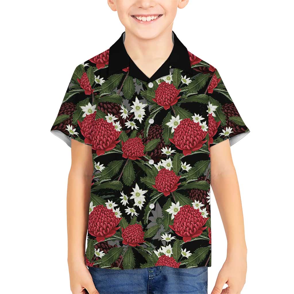 Australia Waratah Flannel Flower Kid Hawaiian Shirt Aussie Native Flowers Seamless Stylized - Aussie Hoodie