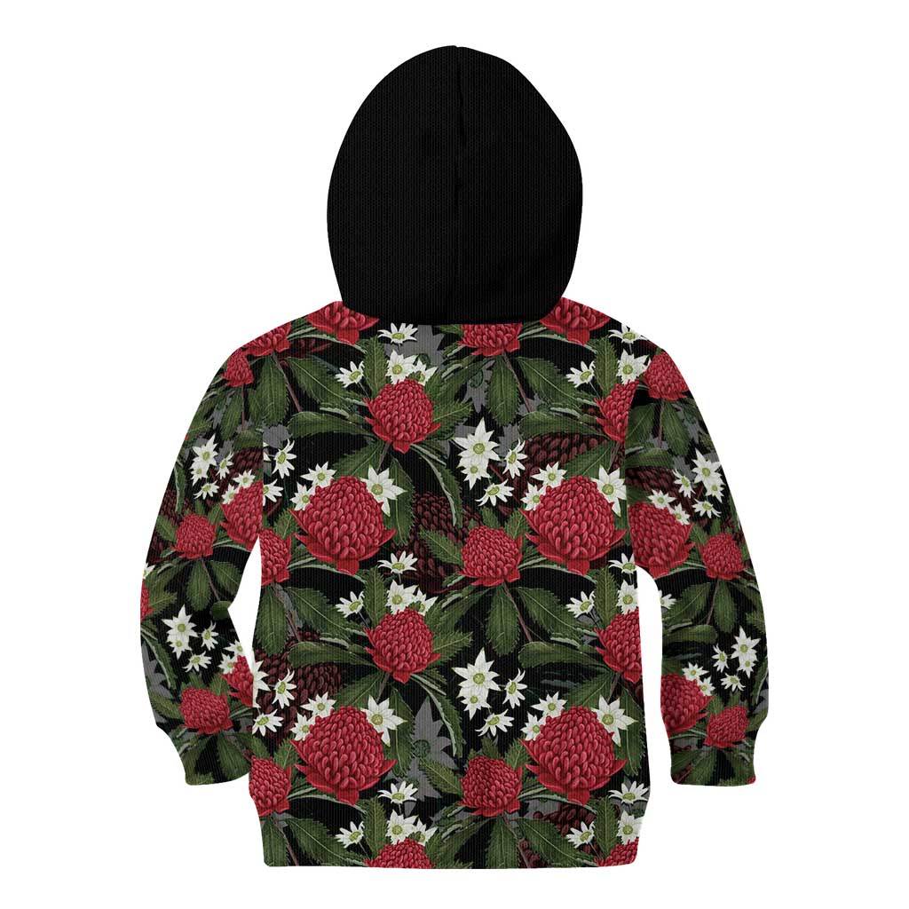 Australia Waratah Flannel Flower Kid Hoodie Aussie Native Flowers Seamless Stylized - Aussie Hoodie