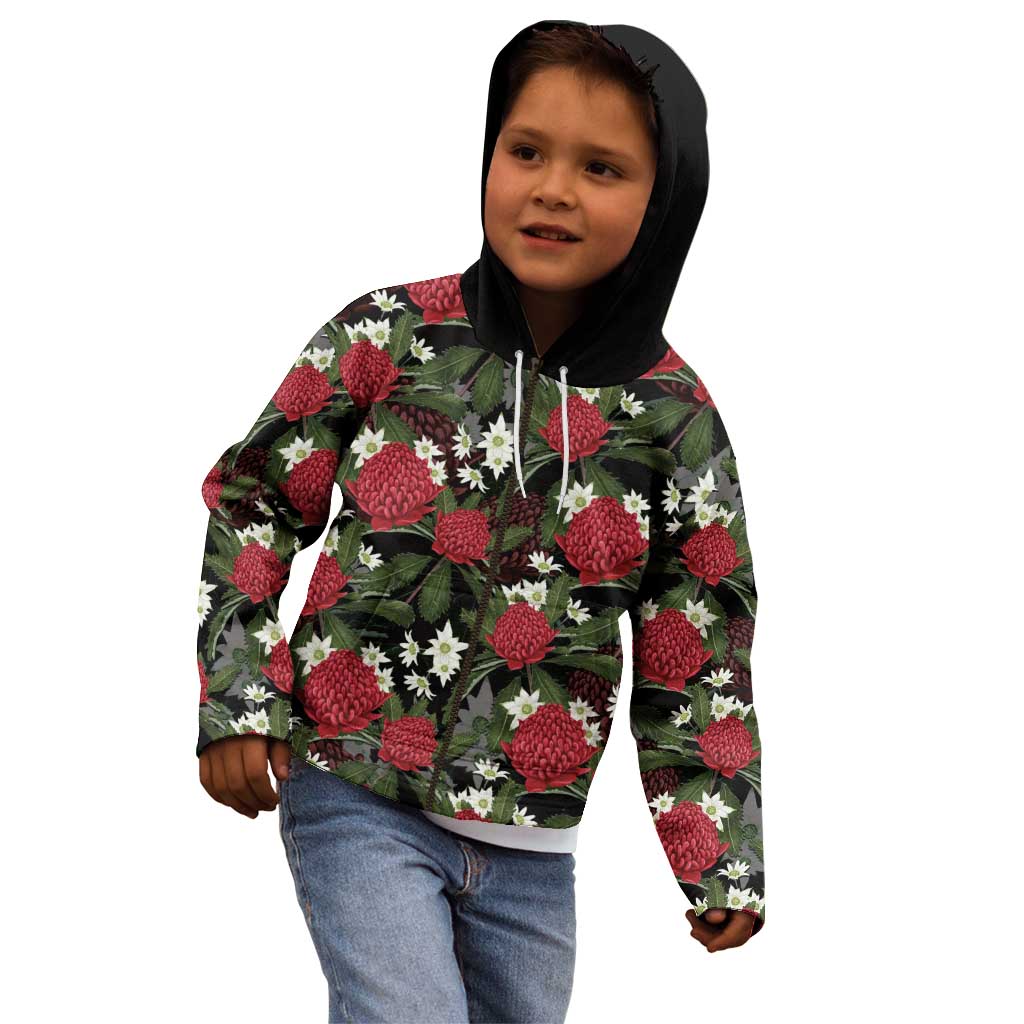 Australia Waratah Flannel Flower Kid Hoodie Aussie Native Flowers Seamless Stylized - Aussie Hoodie