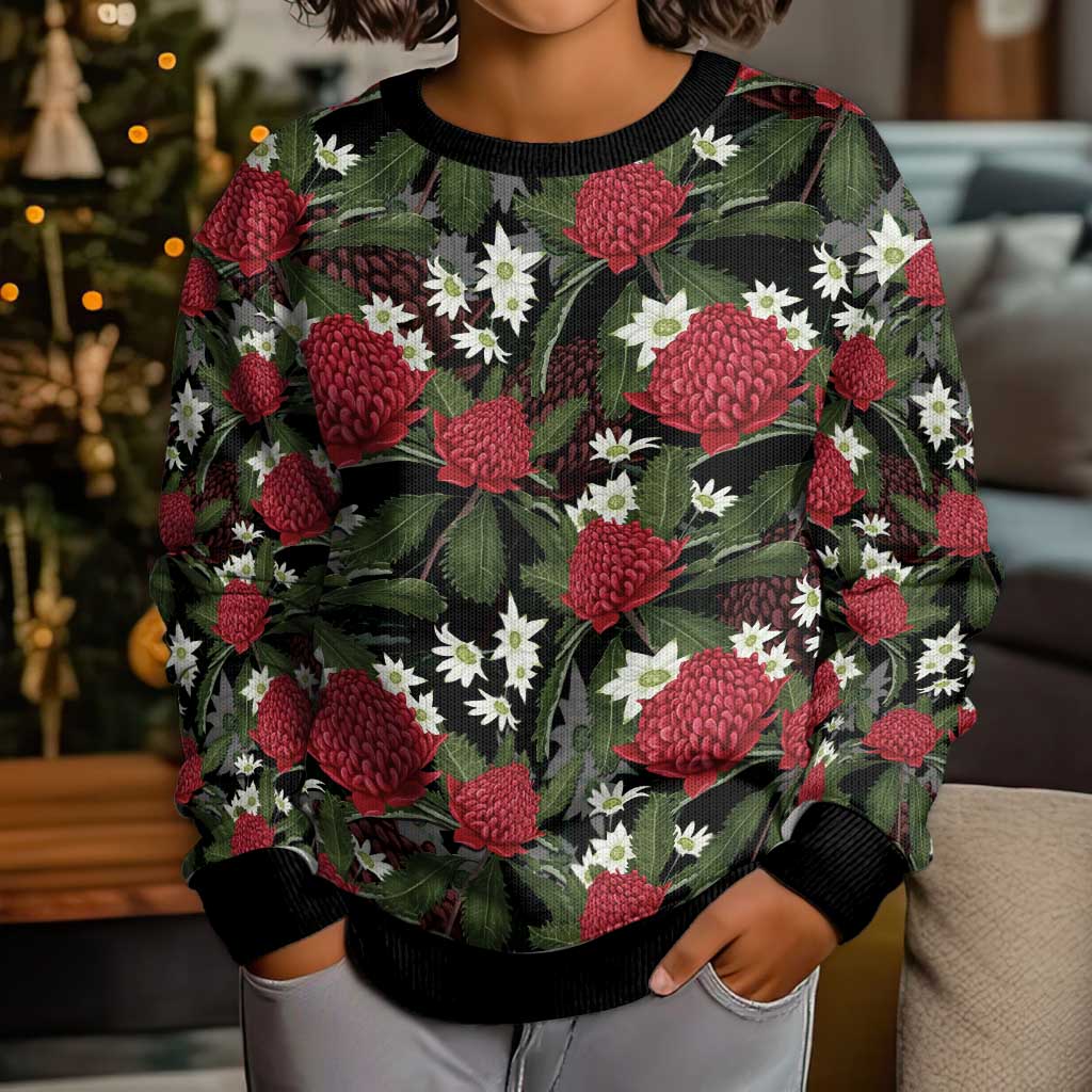 Australia Waratah Flannel Flower Kid Ugly Christmas Sweater Aussie Native Flowers Seamless Stylized - Aussie Hoodie