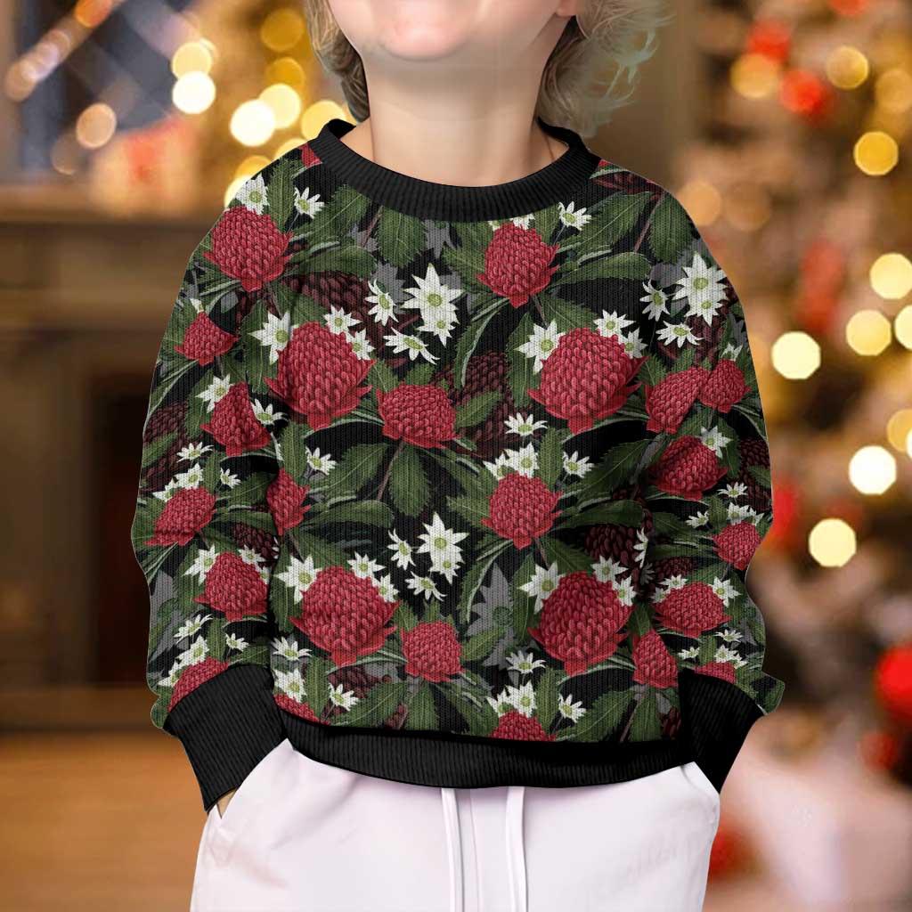 Australia Waratah Flannel Flower Kid Ugly Christmas Sweater Aussie Native Flowers Seamless Stylized - Aussie Hoodie