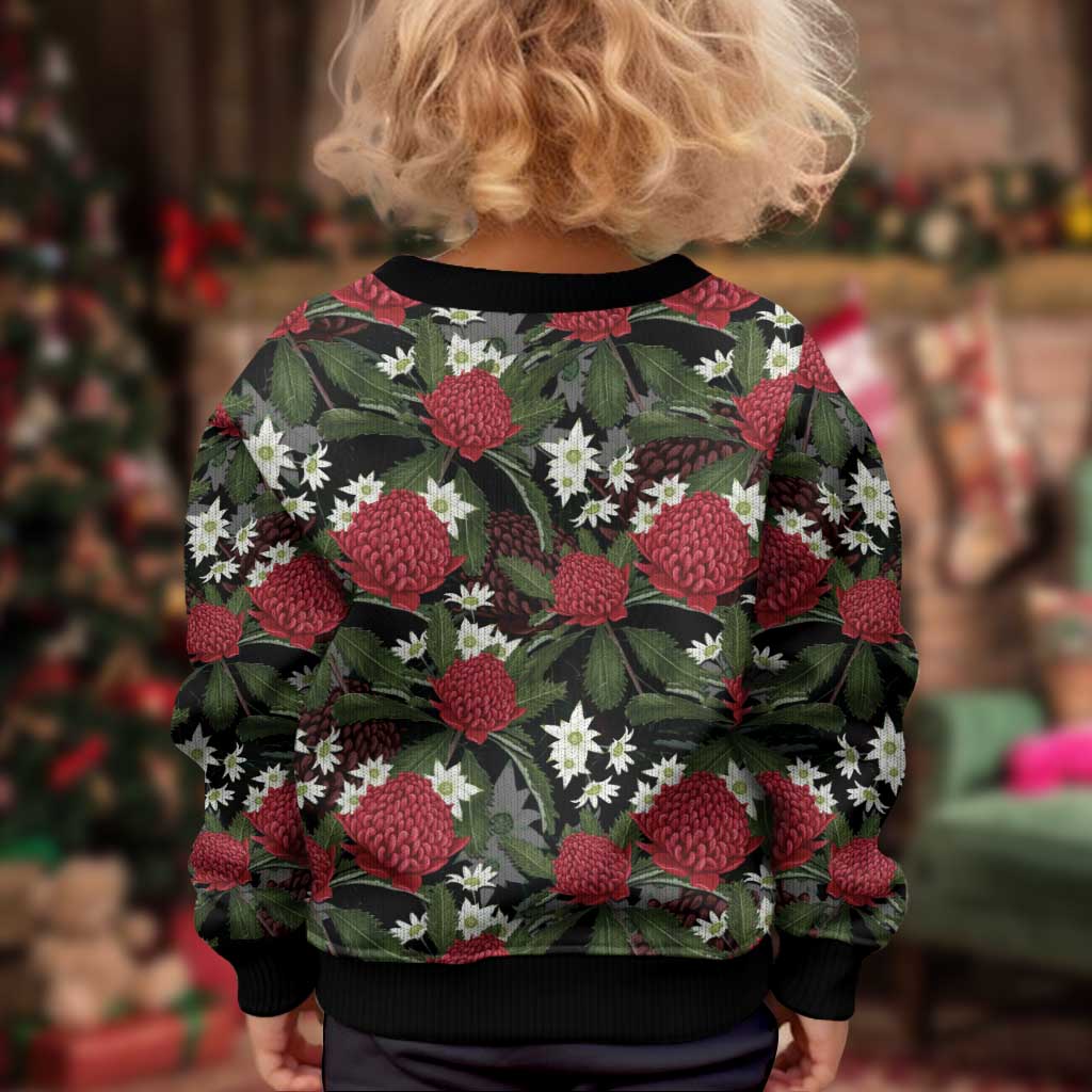 Australia Waratah Flannel Flower Kid Ugly Christmas Sweater Aussie Native Flowers Seamless Stylized - Aussie Hoodie