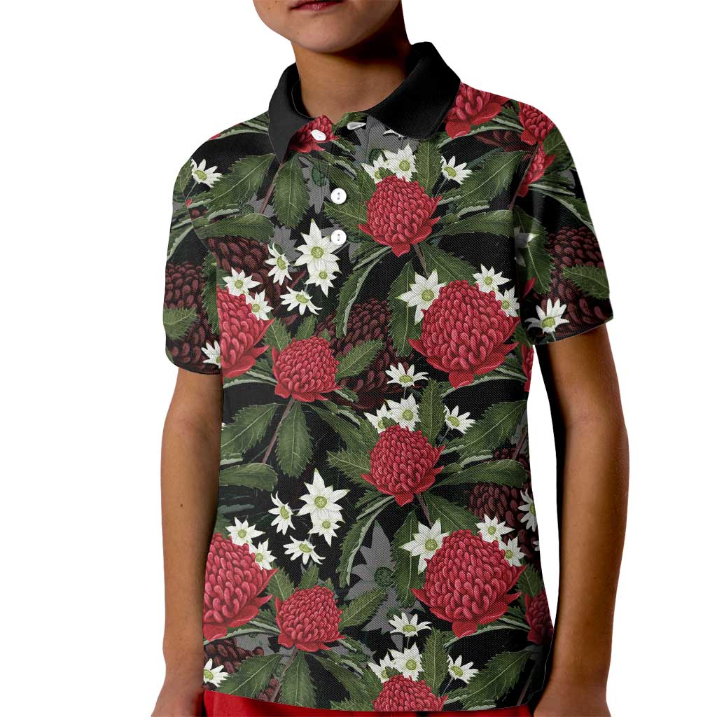 Australia Waratah Flannel Flower Kid Polo Shirt Aussie Native Flowers Seamless Stylized - Aussie Hoodie