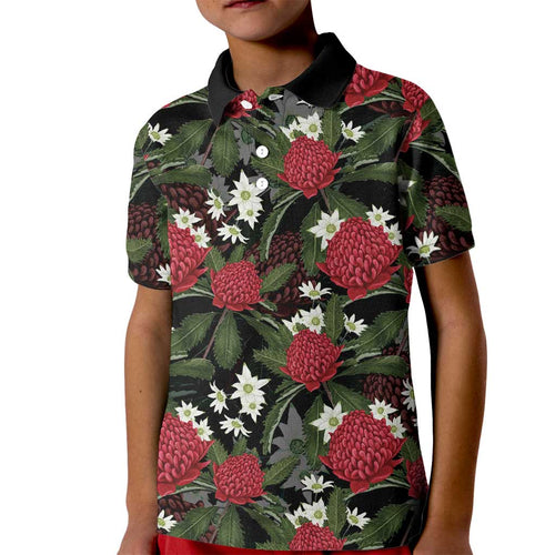 Australia Waratah Flannel Flower Kid Polo Shirt Aussie Native Flowers Seamless Stylized - Aussie Hoodie