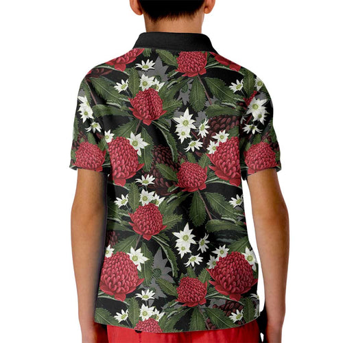 Australia Waratah Flannel Flower Kid Polo Shirt Aussie Native Flowers Seamless Stylized - Aussie Hoodie
