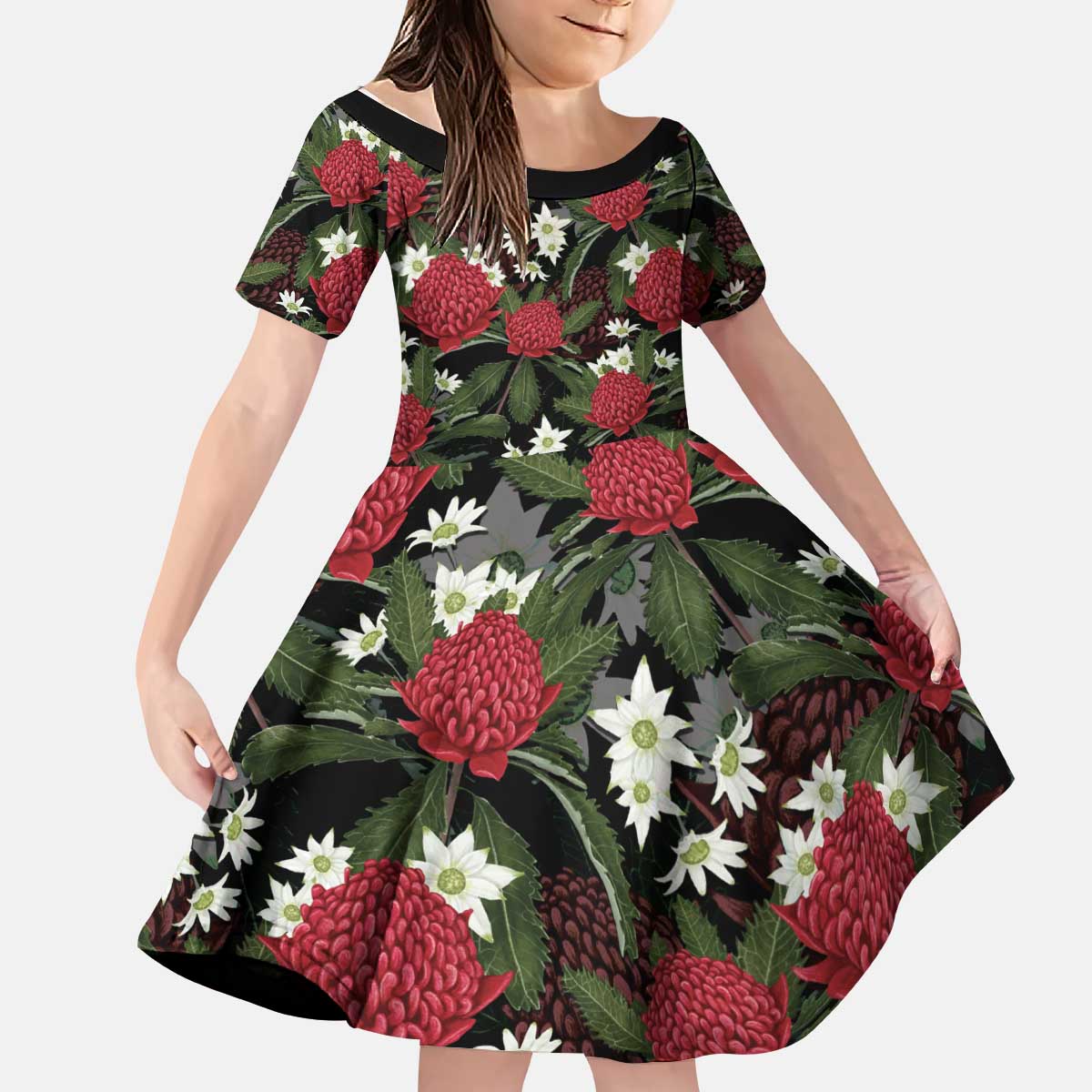 Australia Waratah Flannel Flower Kid Short Sleeve Dress Aussie Native Flowers Seamless Stylized - Aussie Hoodie