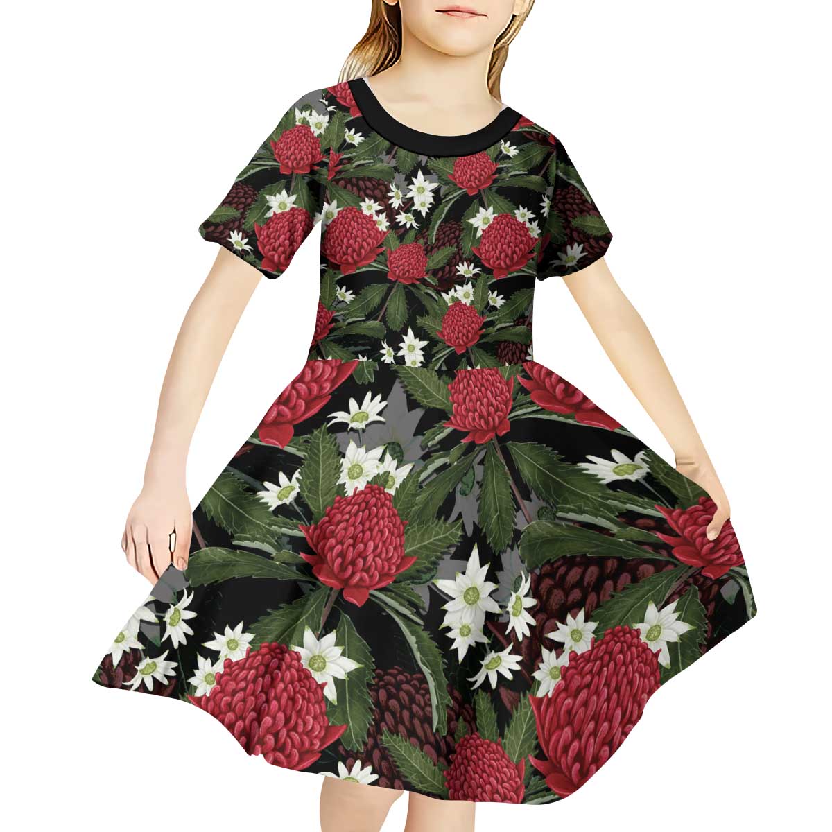 Australia Waratah Flannel Flower Kid Short Sleeve Dress Aussie Native Flowers Seamless Stylized - Aussie Hoodie