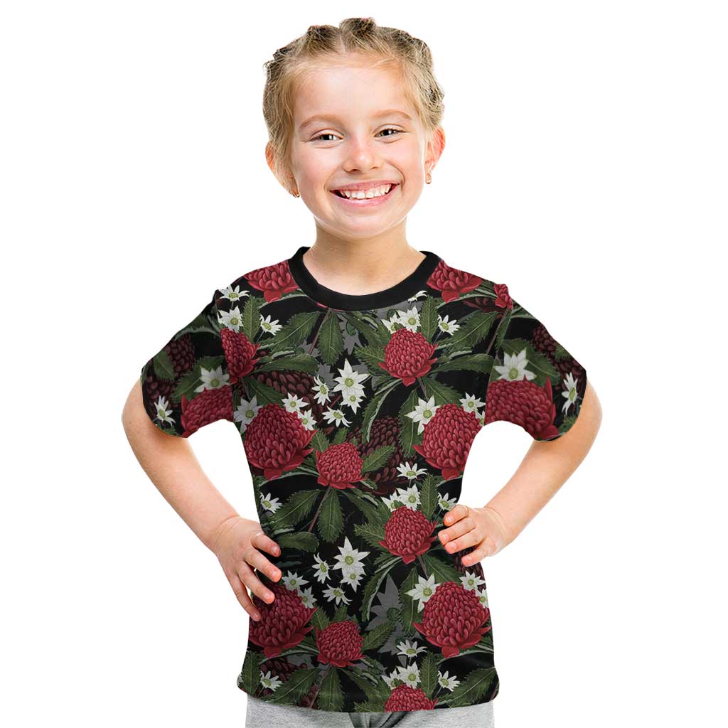 Australia Waratah Flannel Flower Kid T Shirt Aussie Native Flowers Seamless Stylized - Aussie Hoodie