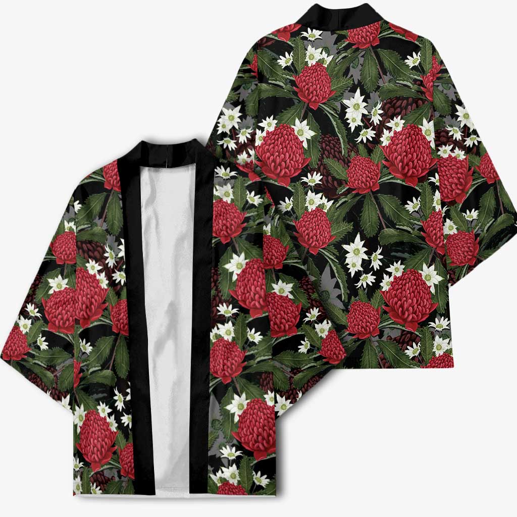Australia Waratah Flannel Flower Kimono Aussie Native Flowers Seamless Stylized - Aussie Hoodie