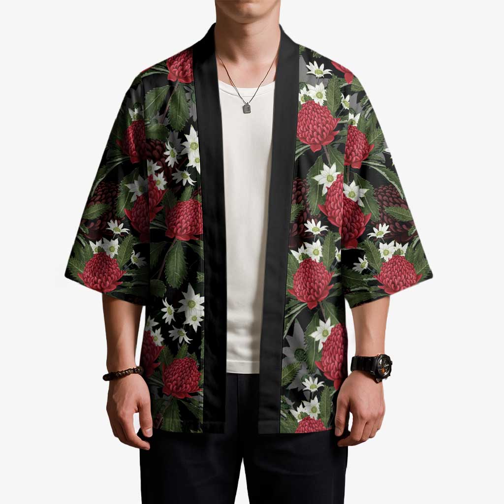 Australia Waratah Flannel Flower Kimono Aussie Native Flowers Seamless Stylized - Aussie Hoodie
