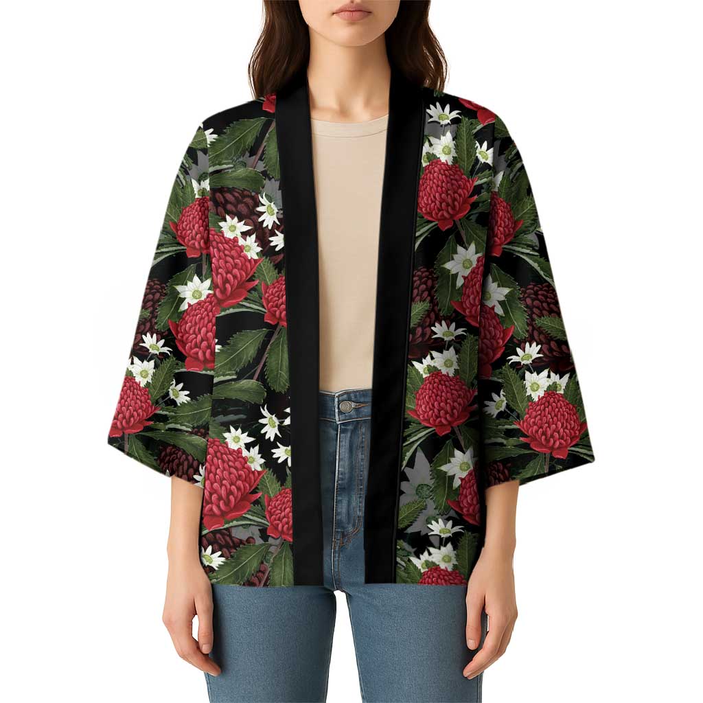 Australia Waratah Flannel Flower Kimono Aussie Native Flowers Seamless Stylized - Aussie Hoodie