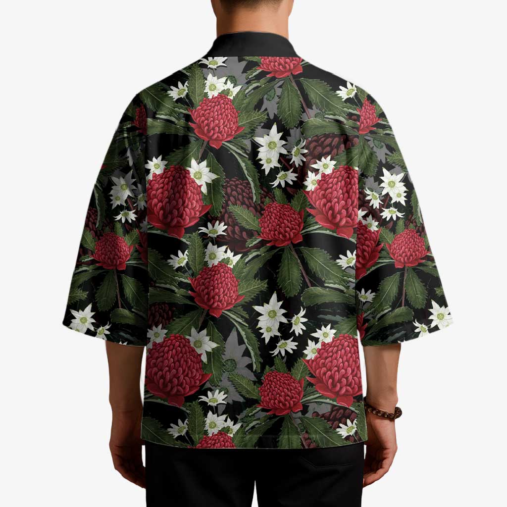 Australia Waratah Flannel Flower Kimono Aussie Native Flowers Seamless Stylized - Aussie Hoodie