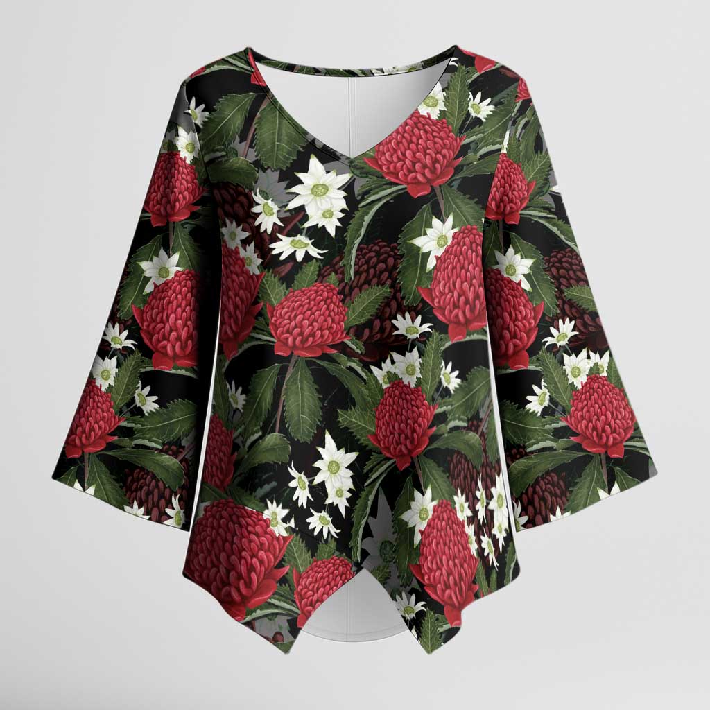 Australia Waratah Flannel Flower Kimono Sleeve Blouse Aussie Native Flowers Seamless Stylized - Aussie Hoodie