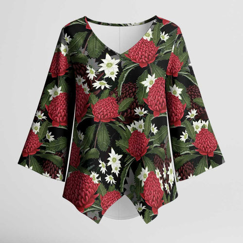 Australia Waratah Flannel Flower Kimono Sleeve Blouse Aussie Native Flowers Seamless Stylized - Aussie Hoodie