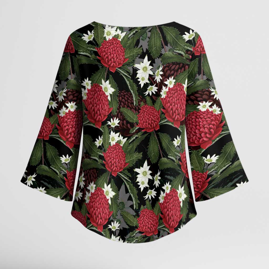 Australia Waratah Flannel Flower Kimono Sleeve Blouse Aussie Native Flowers Seamless Stylized - Aussie Hoodie