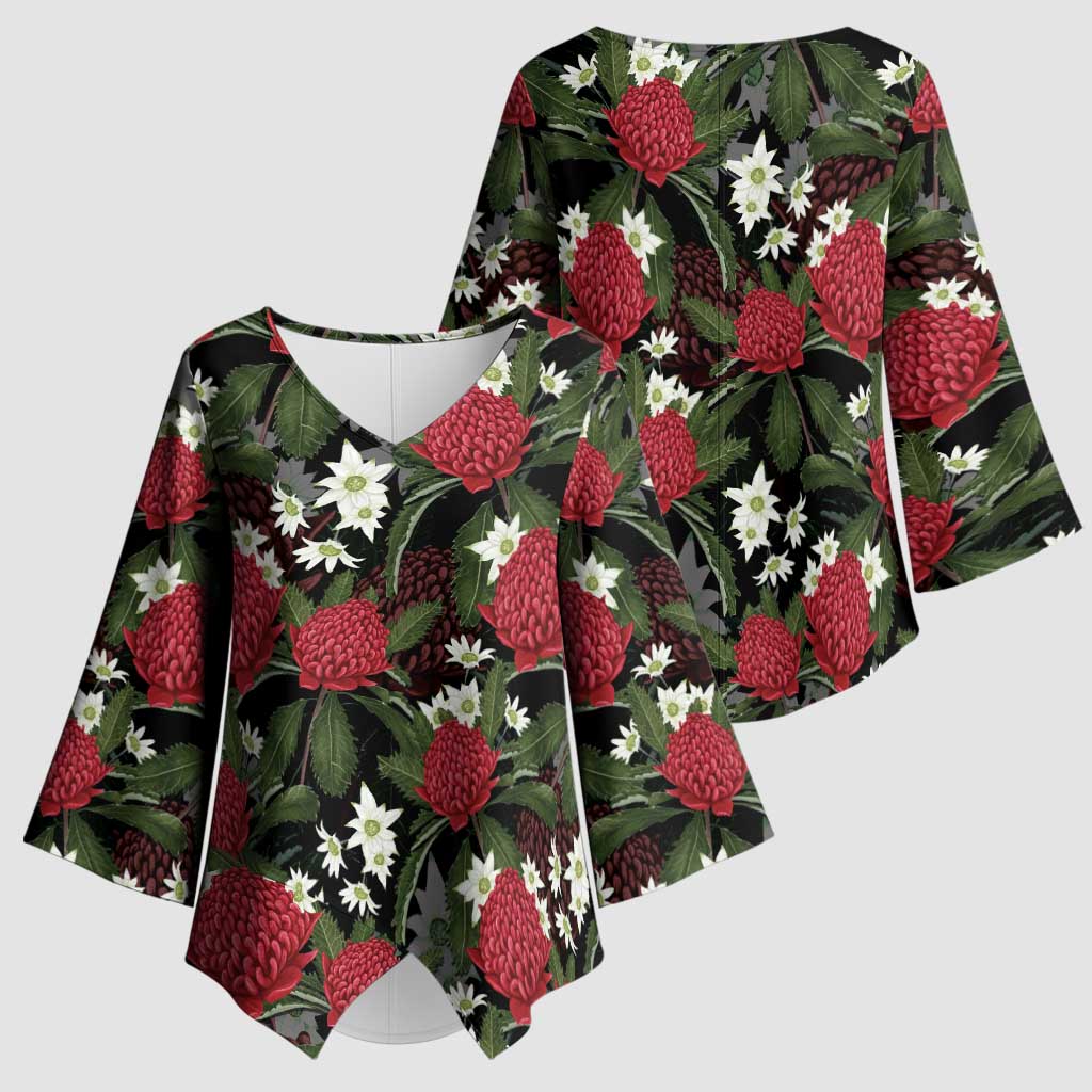 Australia Waratah Flannel Flower Kimono Sleeve Blouse Aussie Native Flowers Seamless Stylized - Aussie Hoodie