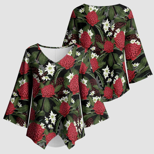 Australia Waratah Flannel Flower Kimono Sleeve Blouse Aussie Native Flowers Seamless Stylized - Aussie Hoodie
