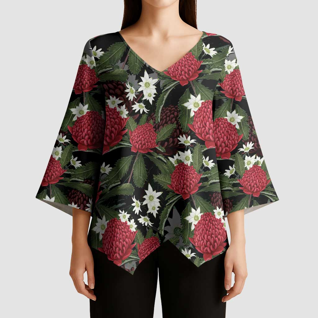 Australia Waratah Flannel Flower Kimono Sleeve Blouse Aussie Native Flowers Seamless Stylized - Aussie Hoodie