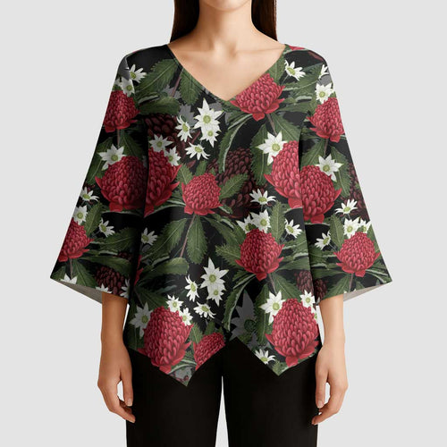 Australia Waratah Flannel Flower Kimono Sleeve Blouse Aussie Native Flowers Seamless Stylized - Aussie Hoodie
