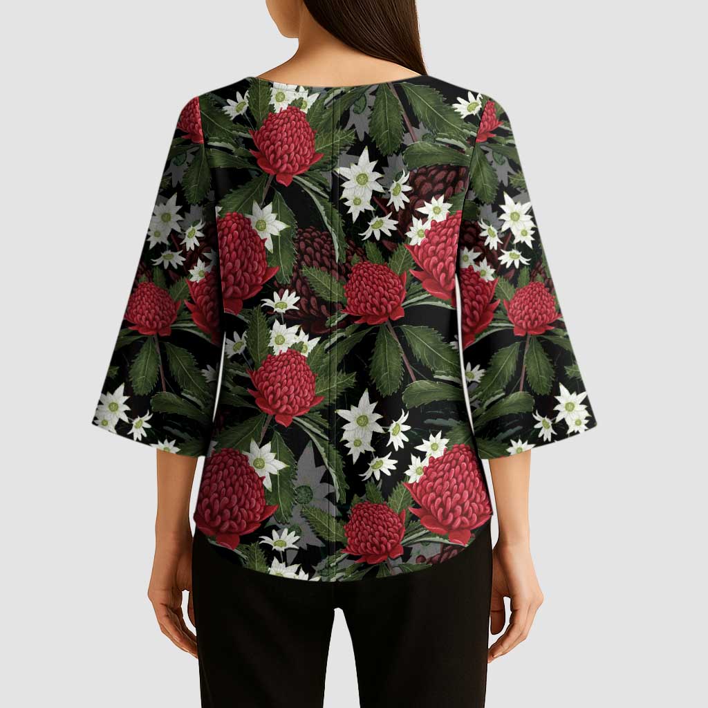 Australia Waratah Flannel Flower Kimono Sleeve Blouse Aussie Native Flowers Seamless Stylized - Aussie Hoodie