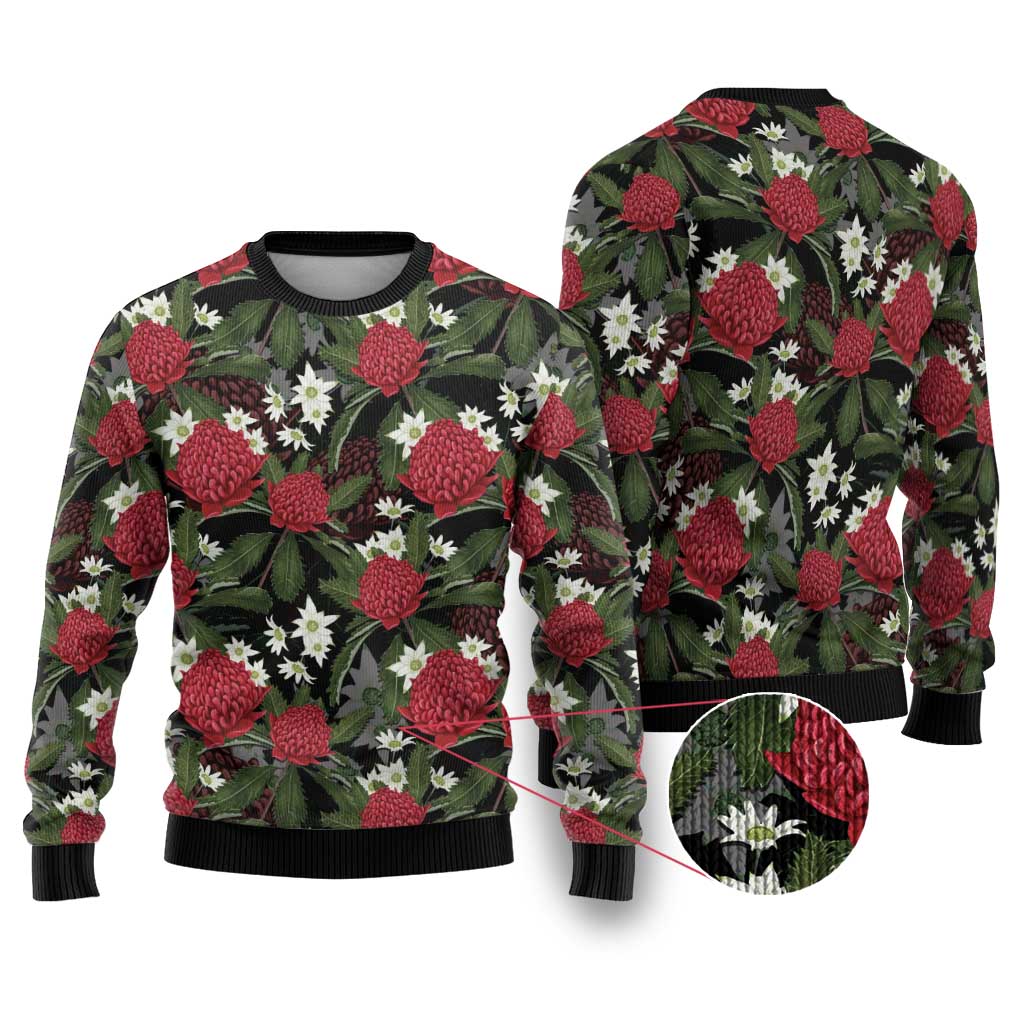 Australia Waratah Flannel Flower Ugly Christmas Sweater Aussie Native Flowers Seamless Stylized - Aussie Hoodie