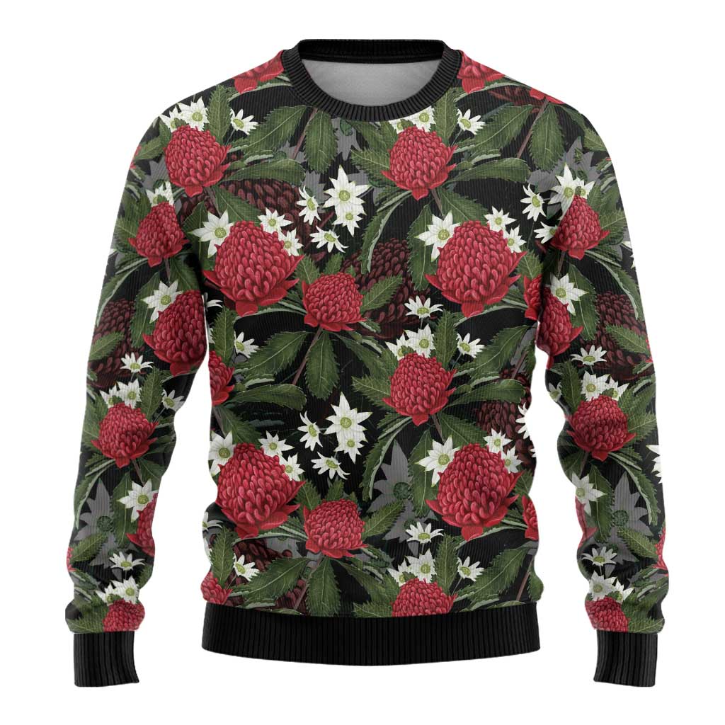 Australia Waratah Flannel Flower Ugly Christmas Sweater Aussie Native Flowers Seamless Stylized - Aussie Hoodie