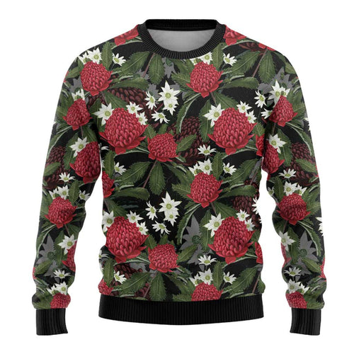 Australia Waratah Flannel Flower Ugly Christmas Sweater Aussie Native Flowers Seamless Stylized - Aussie Hoodie