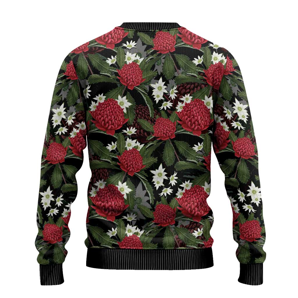 Australia Waratah Flannel Flower Ugly Christmas Sweater Aussie Native Flowers Seamless Stylized - Aussie Hoodie