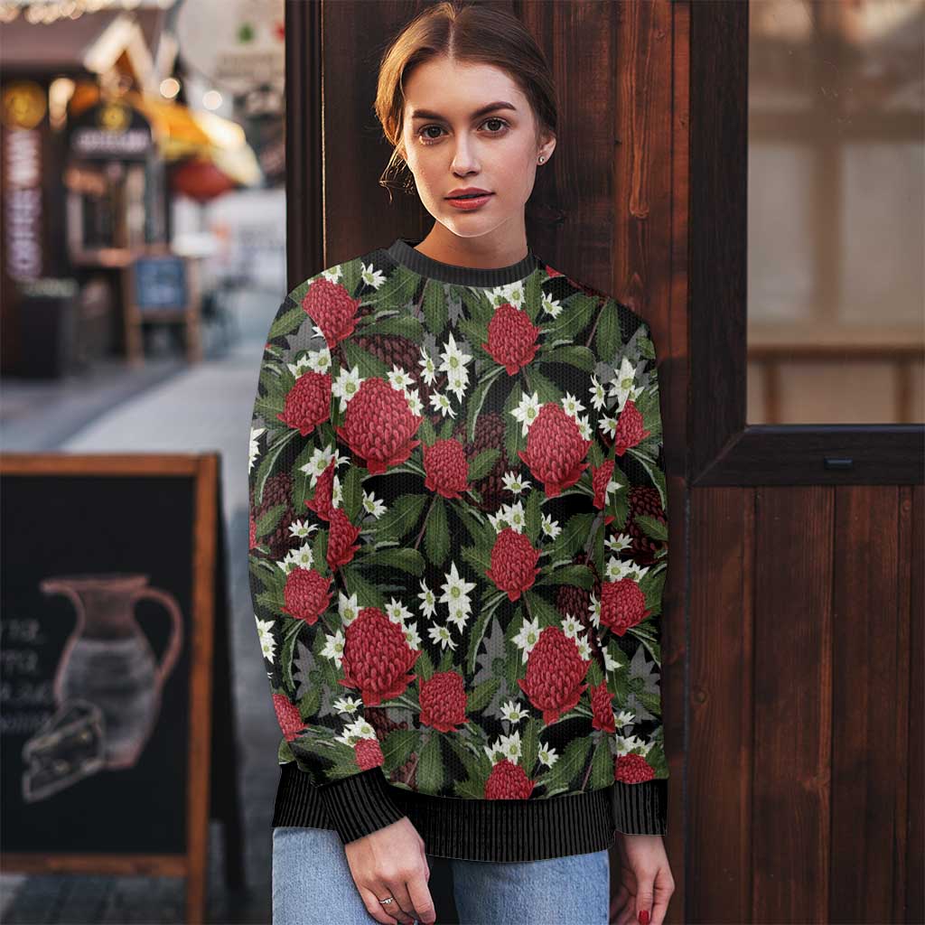 Australia Waratah Flannel Flower Ugly Christmas Sweater Aussie Native Flowers Seamless Stylized - Aussie Hoodie