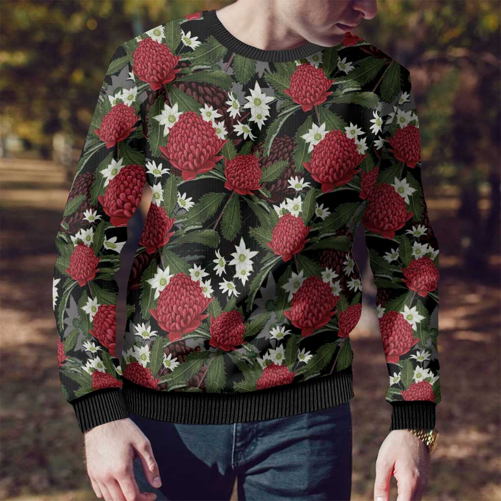 Australia Waratah Flannel Flower Ugly Christmas Sweater Aussie Native Flowers Seamless Stylized - Aussie Hoodie