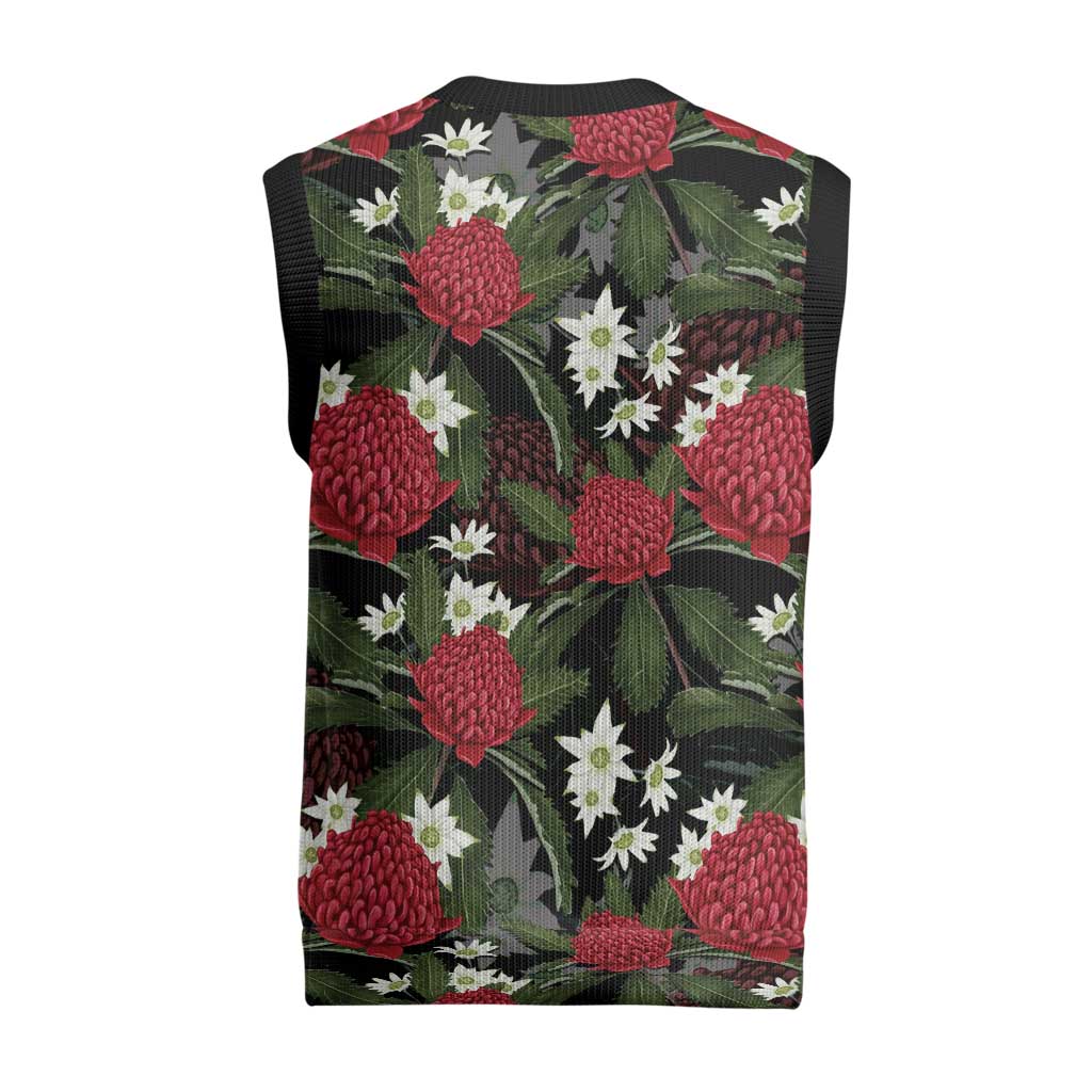 Australia Waratah Flannel Flower Christmas Knitted V-Neck Vest Aussie Native Flowers Seamless Stylized - Aussie Hoodie