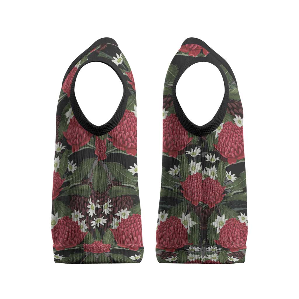 Australia Waratah Flannel Flower Christmas Knitted V-Neck Vest Aussie Native Flowers Seamless Stylized - Aussie Hoodie