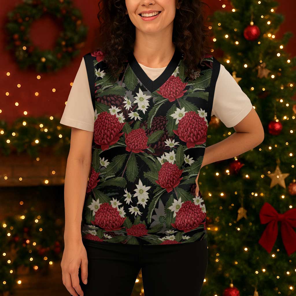 Australia Waratah Flannel Flower Christmas Knitted V-Neck Vest Aussie Native Flowers Seamless Stylized - Aussie Hoodie