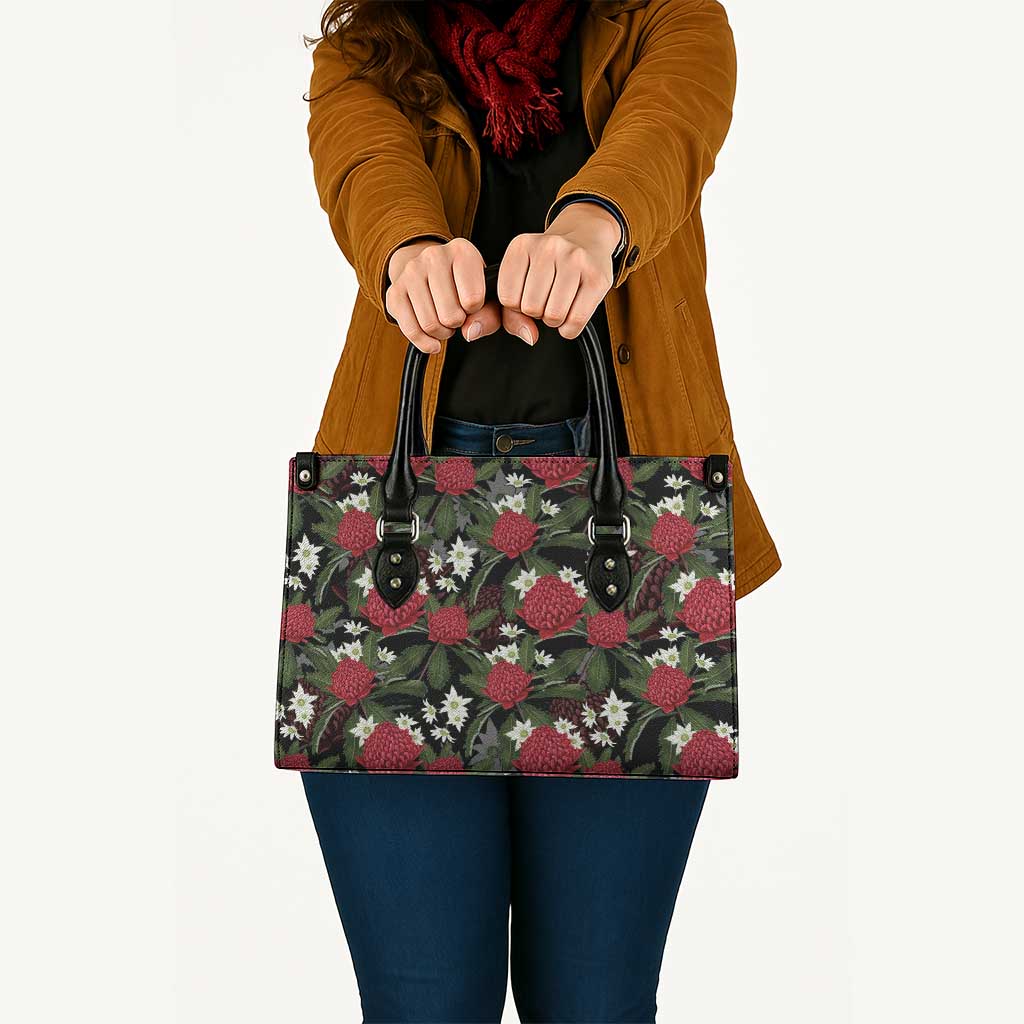 Australia Waratah Flannel Flower Leather Bag Aussie Native Flowers Seamless Stylized - Aussie Hoodie