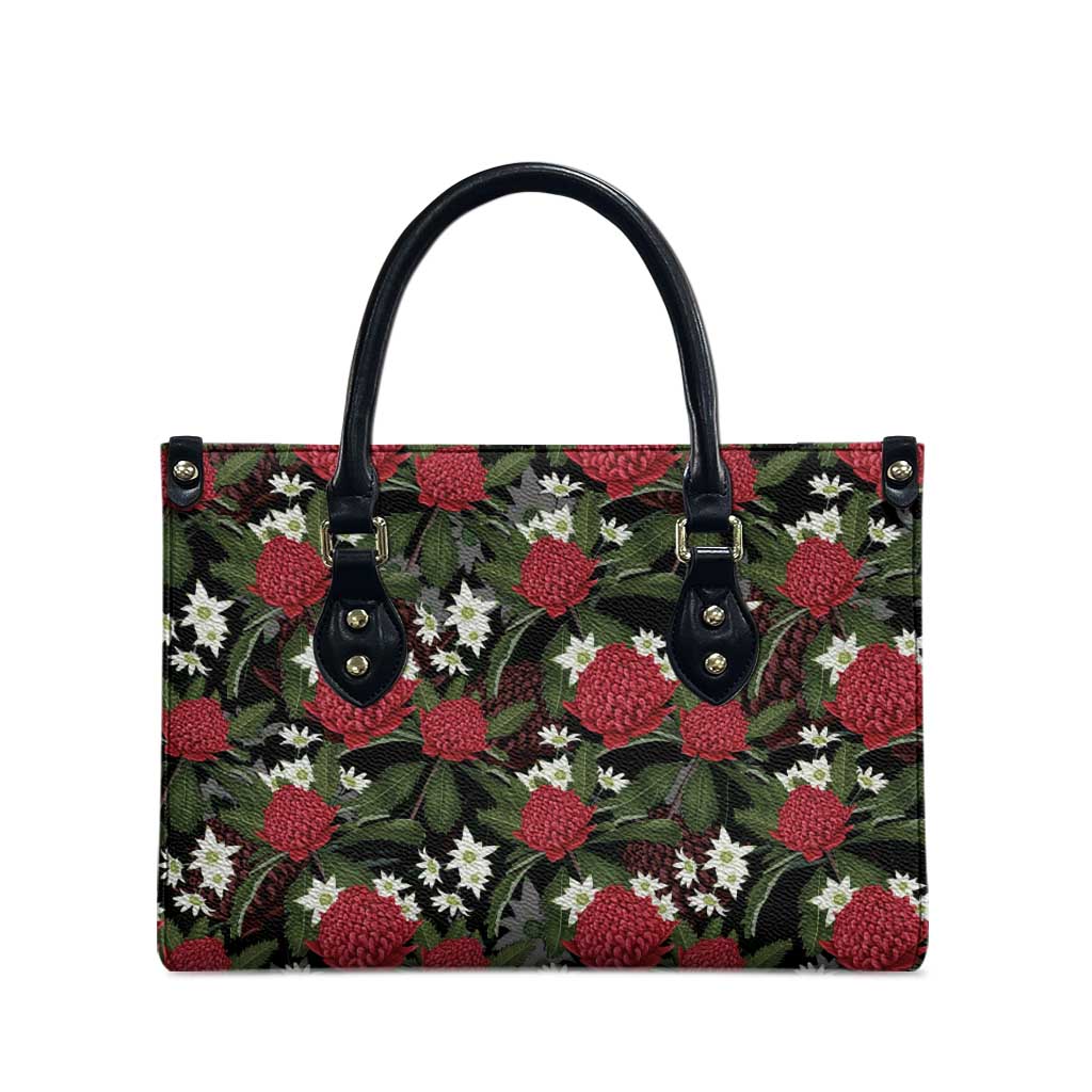 Australia Waratah Flannel Flower Leather Bag Aussie Native Flowers Seamless Stylized - Aussie Hoodie