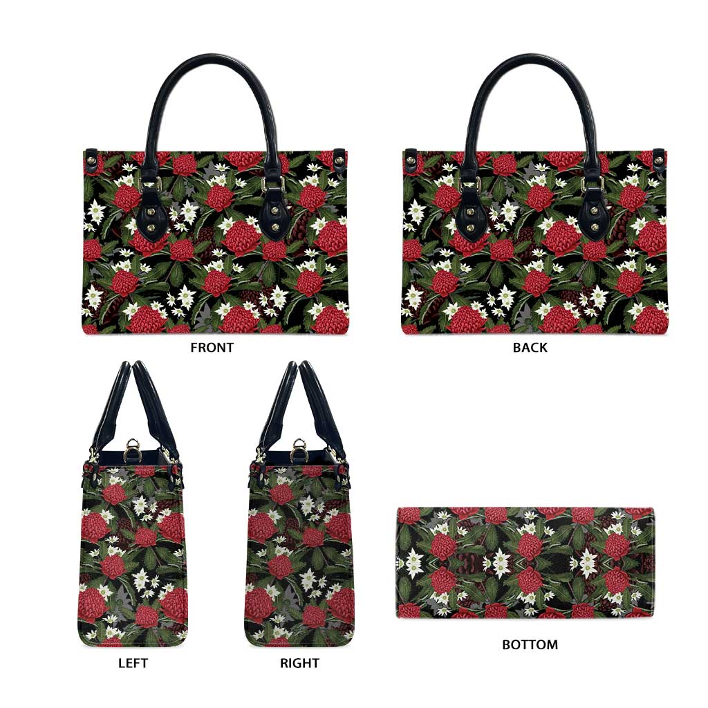 Australia Waratah Flannel Flower Leather Bag Aussie Native Flowers Seamless Stylized - Aussie Hoodie