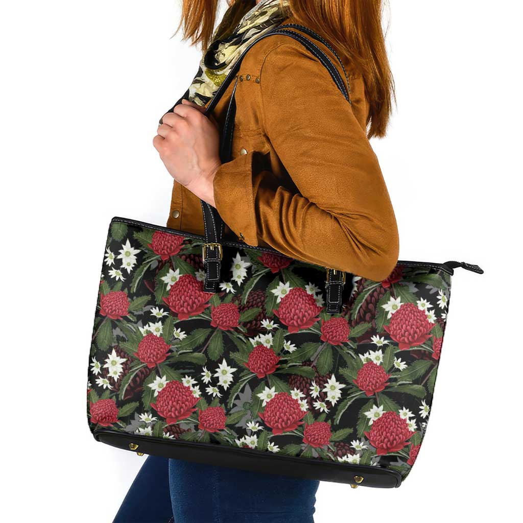 Australia Waratah Flannel Flower Leather Tote Bag Aussie Native Flowers Seamless Stylized - Aussie Hoodie