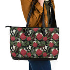 Australia Waratah Flannel Flower Leather Tote Bag Aussie Native Flowers Seamless Stylized - Aussie Hoodie