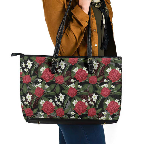 Australia Waratah Flannel Flower Leather Tote Bag Aussie Native Flowers Seamless Stylized - Aussie Hoodie