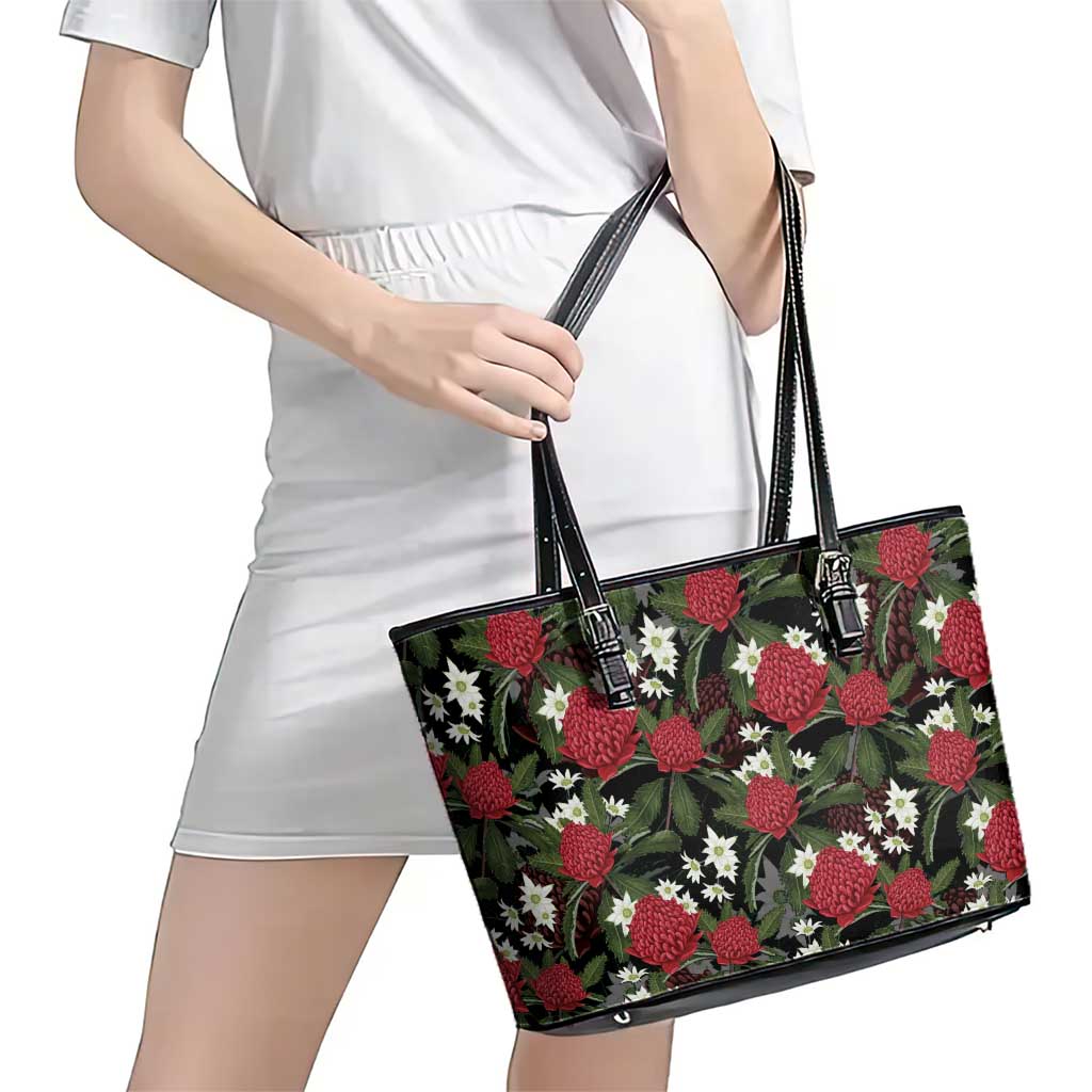 Australia Waratah Flannel Flower Leather Tote Bag Aussie Native Flowers Seamless Stylized - Aussie Hoodie