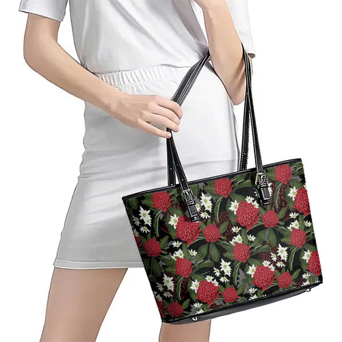 Australia Waratah Flannel Flower Leather Tote Bag Aussie Native Flowers Seamless Stylized - Aussie Hoodie