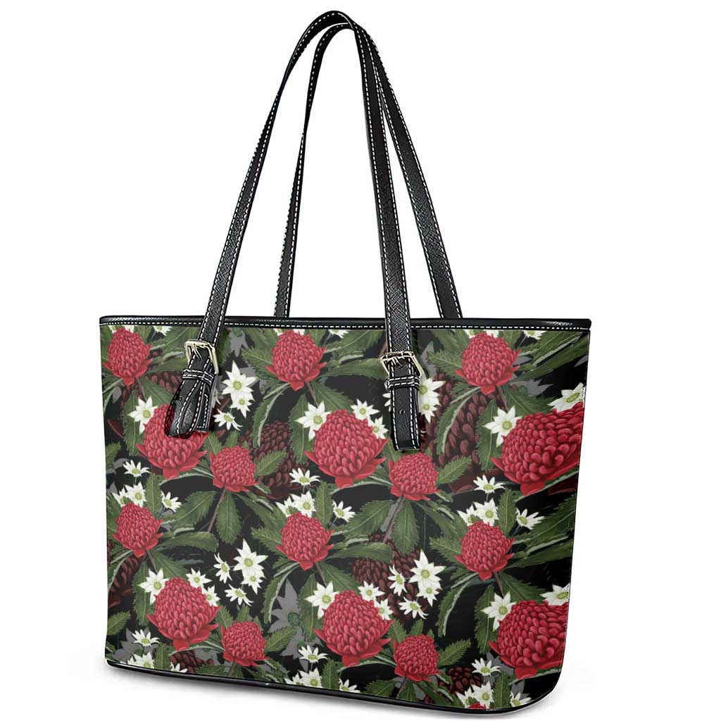 Australia Waratah Flannel Flower Leather Tote Bag Aussie Native Flowers Seamless Stylized - Aussie Hoodie