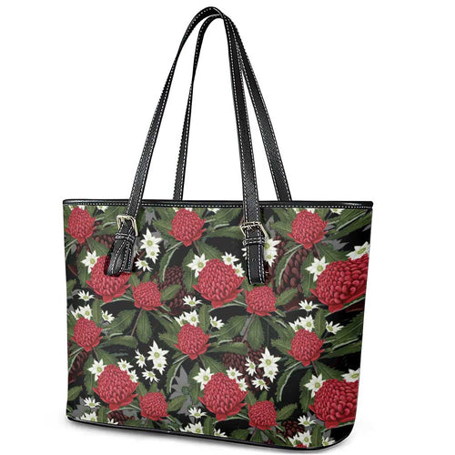Australia Waratah Flannel Flower Leather Tote Bag Aussie Native Flowers Seamless Stylized - Aussie Hoodie