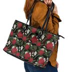 Australia Waratah Flannel Flower Leather Tote Bag Aussie Native Flowers Seamless Stylized - Aussie Hoodie