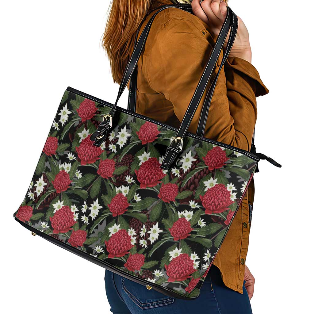 Australia Waratah Flannel Flower Leather Tote Bag Aussie Native Flowers Seamless Stylized - Aussie Hoodie